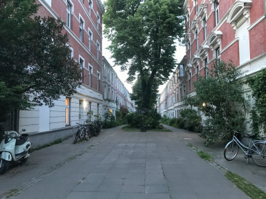 Street view, rows of houses, urban green, no car traffic
