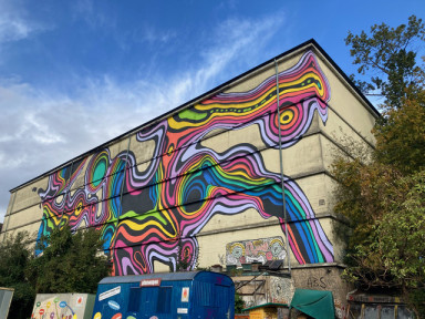 Building view, colorful painted facade