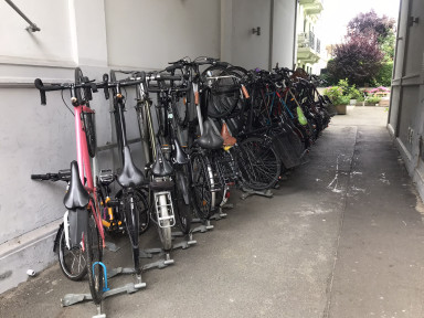 Street view, row of chained bicycles