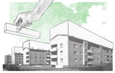 Painting, drawn hand adds white blocks to the top of existing houses