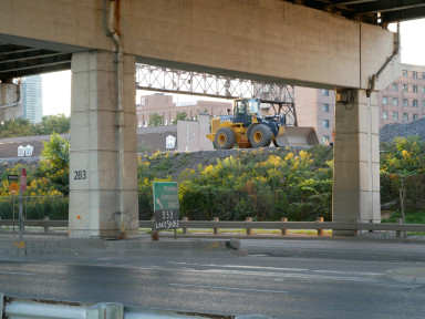 City view, bridge, bulldozer and urban greenery